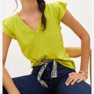 Anthropologie Maeve Ruffle Sleeve T-shirt Lime Green V neck Size Medium